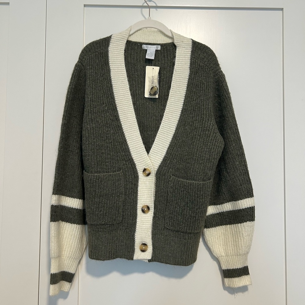 Evereve Olive and Cream Knit Cardigan